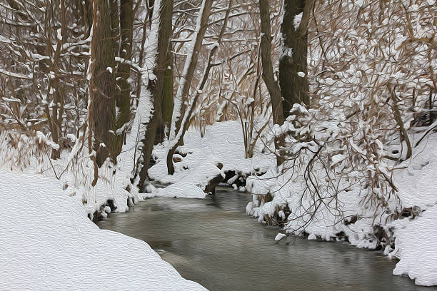 oil painting stylized photo of River in winter stock photo