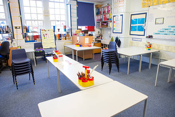 Empty Classroom A horizontal image of an empty primary school classroom. The setting is typically British. classroom empty education desk stock pictures, royalty-free photos & images