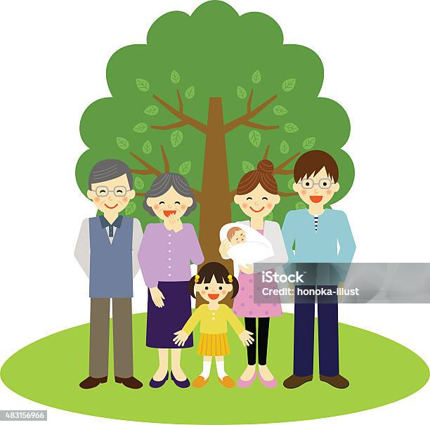 Happy Family Standing In Front Of The Tree Stock Illustration - Download Image Now - 2015, Adult, Asian and Indian Ethnicities