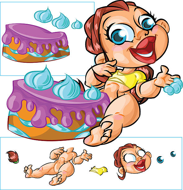 Baby girl with cake Blue-eyed cartoon baby girl is sitting with a cake. She is smiling and has a cream on her fingers. Cake, cream, head and t-short are optional. clotted cream stock illustrations