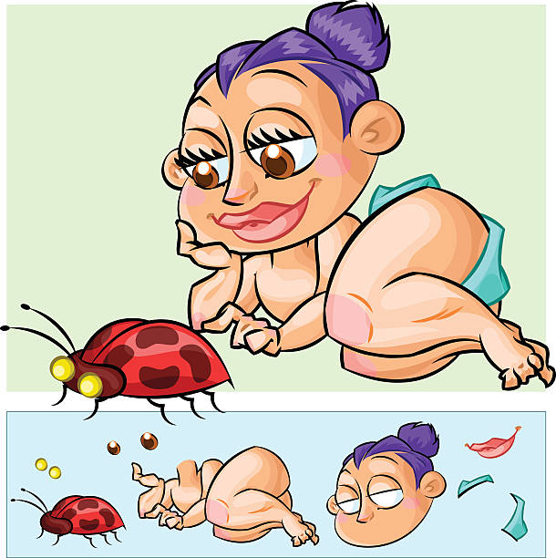 Playing baby girl Brown-eyed cartoon smiling baby girl is lying and playing with a ladybug. Baby's head is optional. seven spot ladybird stock illustrations