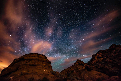 Beautiful Night Starry sky with Rising Milky Way over the Valley of Fire State Park Nevada