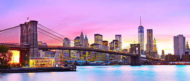 View of New York City at dusk. stock photo