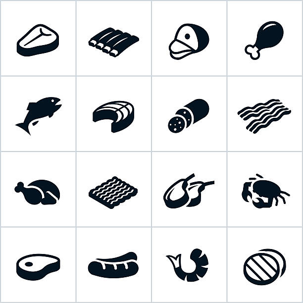 Black Meat Icons Different meats represented. All white strokes/shapes are cut from the icons and merged allowing the background to show through. chicken leg stock illustrations