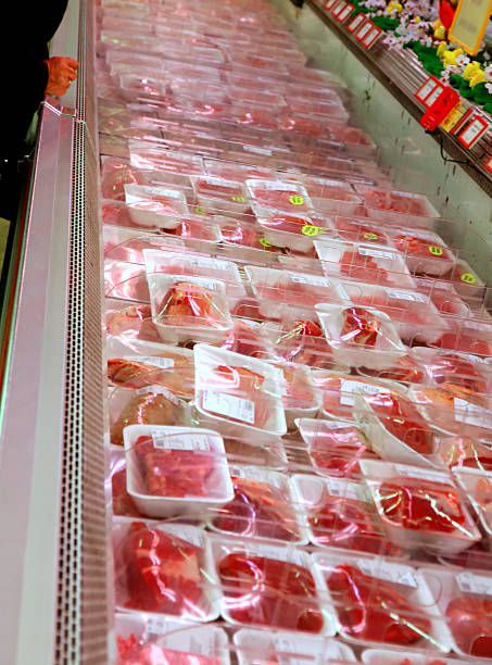 istock meat packaging for sale at the counter 483166801
