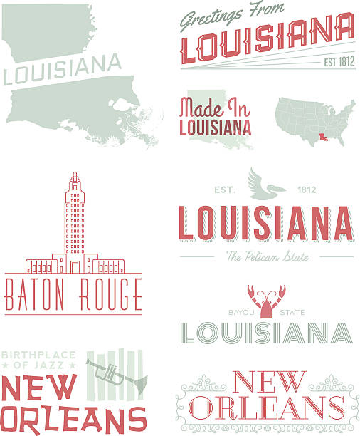 A set of vintage-style icons and typography representing the state of Louisiana, including Baton Rouge and New Orleans. Each items is on a separate layer. Includes a layered Photoshop document. Ideal for both print and web elements.