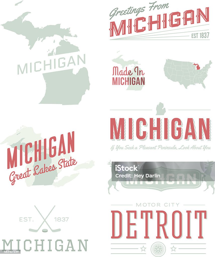 Michigan Typography A set of vintage-style icons and typography representing the state of Michigan, including Detroit. Each items is on a separate layer. Includes a layered Photoshop document. Ideal for both print and web elements. Michigan stock vector