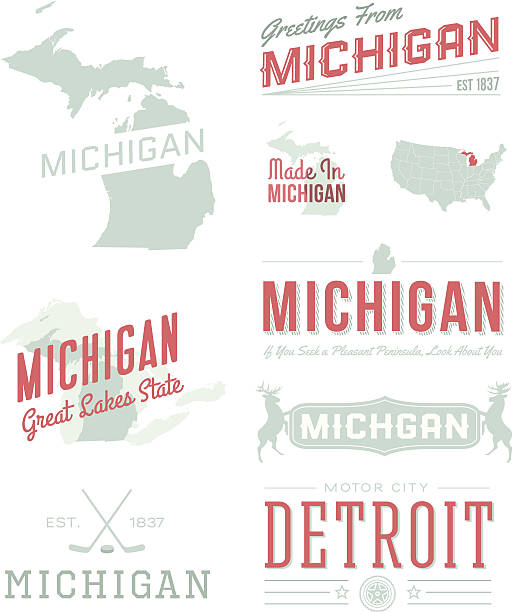 Michigan Typography A set of vintage-style icons and typography representing the state of Michigan, including Detroit. Each items is on a separate layer. Includes a layered Photoshop document. Ideal for both print and web elements. michigan stock illustrations