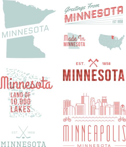 Minnesota Typography A set of vintage-style icons and typography representing the state of Minnesota, including Minneapolis. Each items is on a separate layer. Includes a layered Photoshop document as well as an EPS and JPG of the 10,000 Lakes graphic without the type. Ideal for both print and web elements. minneapolis illustrations stock illustrations