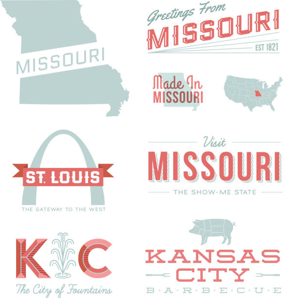 Missouri Typography A set of vintage-style icons and typography representing the state of Missouri, including St. Louis and Kansas City. Each items is on a separate layer. Includes a layered Photoshop document. Ideal for both print and web elements. jefferson national expansion memorial park stock illustrations