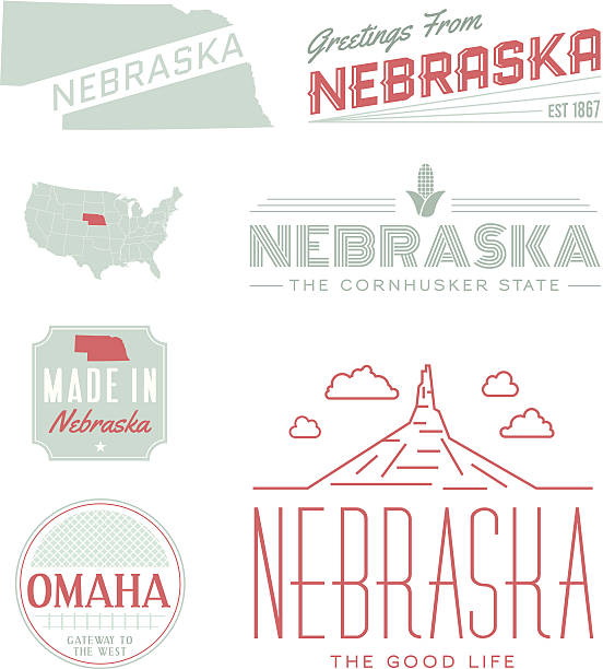 Nebraska Typography A set of vintage-style icons and typography representing the state of Nebraska, including Omaha and Chimney Rock. Each items is on a separate layer. Includes a layered Photoshop document. Ideal for both print and web elements. omaha stock illustrations