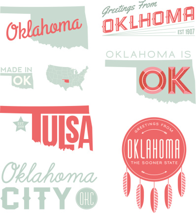 A set of vintage-style icons and typography representing the state of Oklahoma, including Tulsa and Oklahoma City. Each items is on a separate layer. Includes a layered Photoshop document. Ideal for both print and web elements.