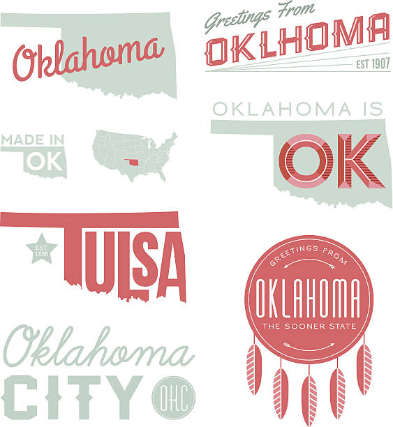 Oklahoma Typography A set of vintage-style icons and typography representing the state of Oklahoma, including Tulsa and Oklahoma City. Each items is on a separate layer. Includes a layered Photoshop document. Ideal for both print and web elements. tulsa landmark stock illustrations