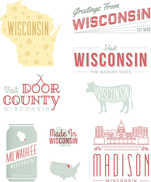 Wisconsin Typography A set of vintage-style icons and typography representing the state of Wisconsin, including Milwaukee, Madison and Door County. Each items is on a separate layer. Includes a layered Photoshop document. Ideal for both print and web elements. wisconsin state capitol building stock illustrations