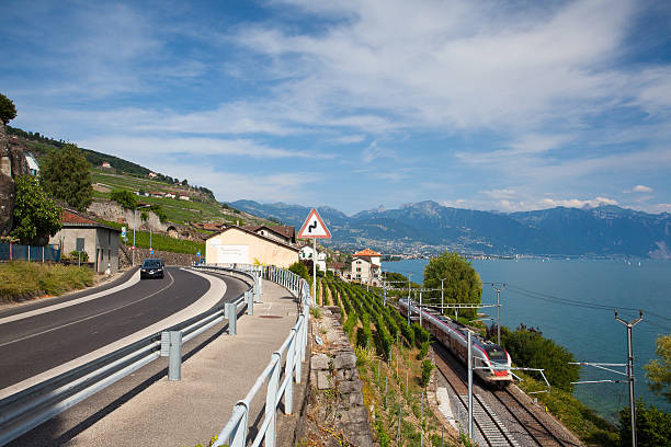 Lavaux, Switzerland - July 12, 2015: Vineyards near the railway station of the Lavaux region over lake Leman (lake of Geneva),Switzerland