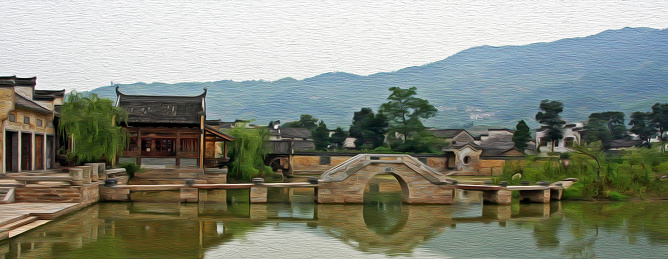generic ancient chinese architecture, stylized and filtered to look like an oil painting. In foreground a pond, in background historical buildings.