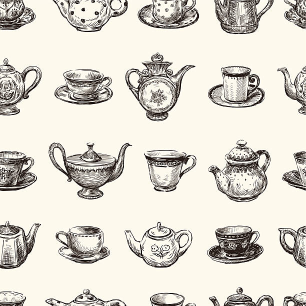 패턴 teacups 및 teapots - vector cup tea cup white background stock illustrations