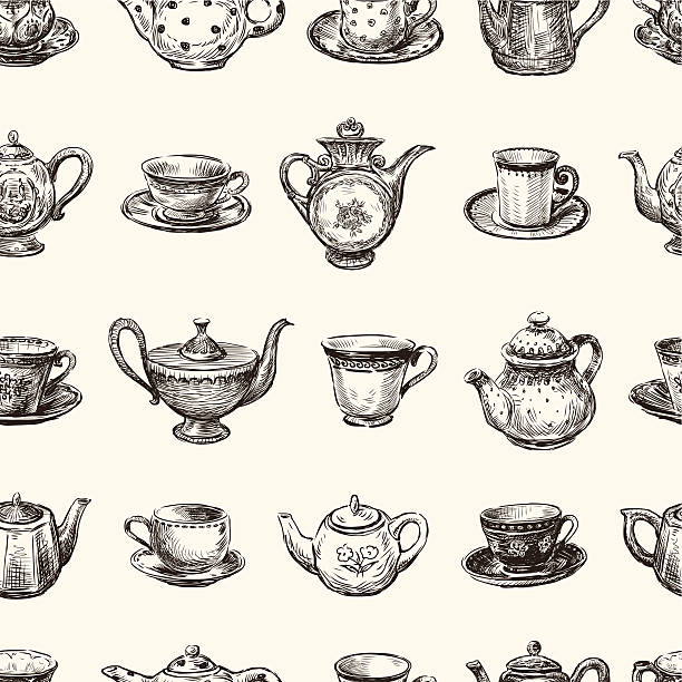 рисунок teacups и teapots - tea cup illustrations stock illustrations