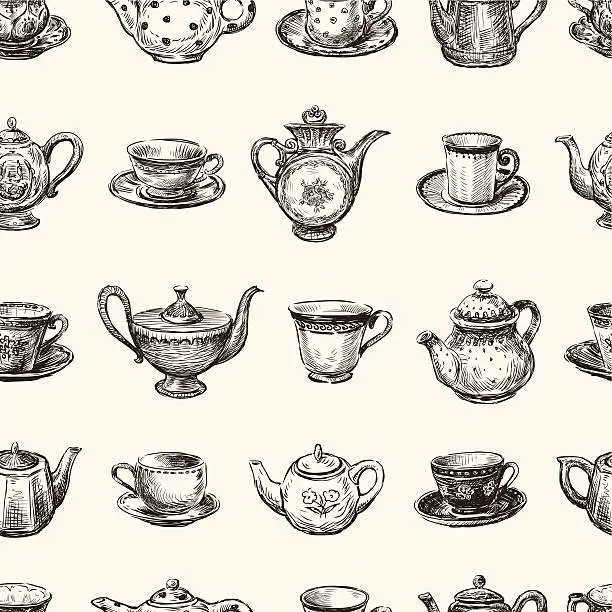 Vector illustration of pattern of teacups and teapots