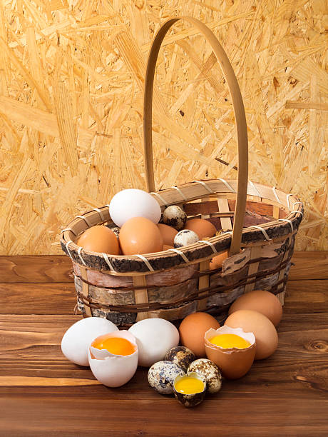 istock chicken, quail eggs in a wicker basket 483170435