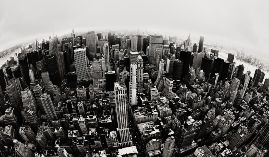Buildings of Midtown Manhattan in New York City as seen from the Empire State Building. Black and white version.
