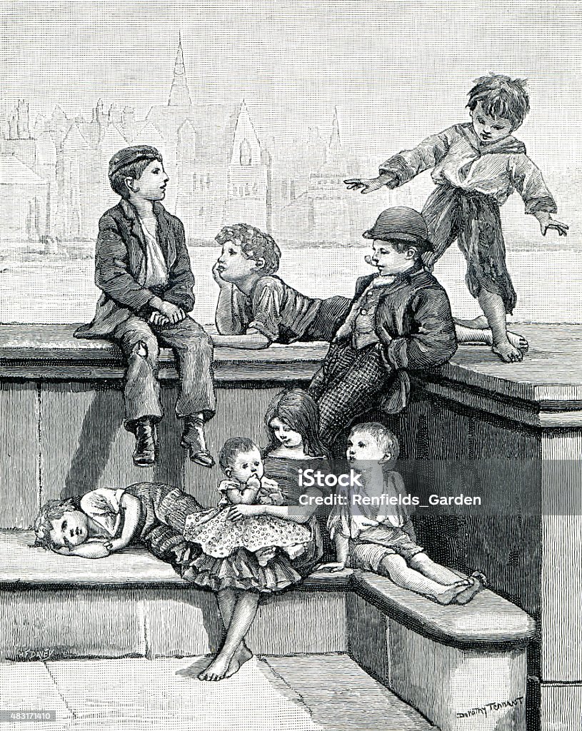 Victorian Ragamuffins A group of Victorian street kids are gathered against the backdrop of the Thames in this engraving after a drawing by Dorothy Tennant (1855-1926). Tennant, who became Lady Stanley, often visited the shabby parts of London to sketch the adorable "street Arabs" she found there. Child stock illustration