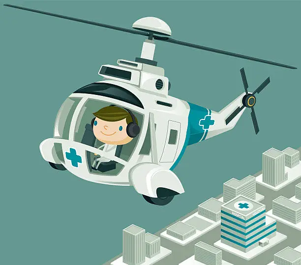 Vector illustration of Medevac  Helicopter flying over the City
