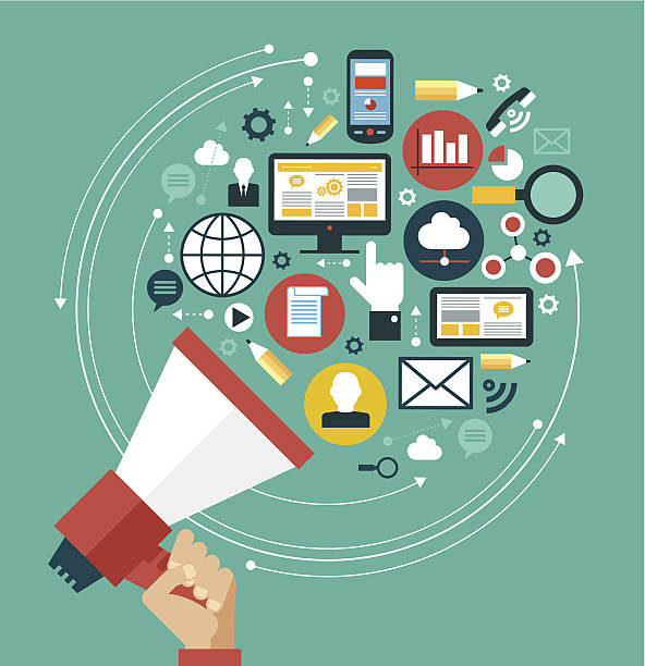 Digital marketing concept Digital marketing concept. Human hand with a megaphone surrounded by media icons social media infographics stock illustrations