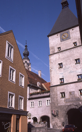 Ancient city gate and clock tower entrance to city of Braunau Germany