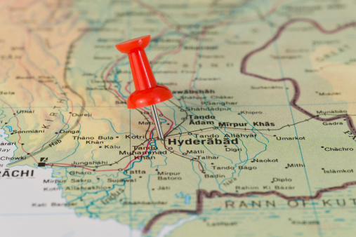 Hyderabad marked with red pushpin on map. Selected focus on Hyderabad and pushpin. Pushpin is in an angle.