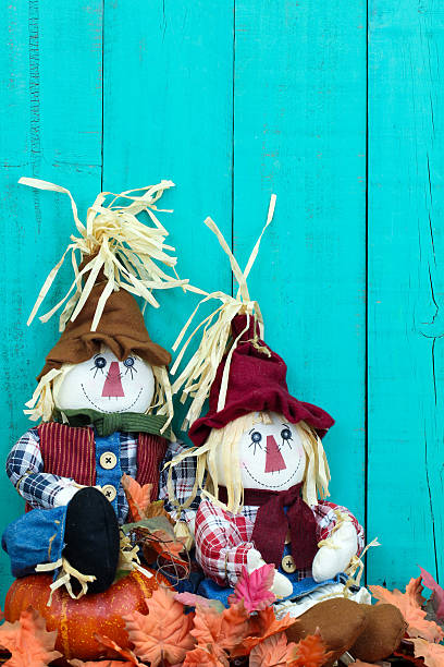 l'épouvantail assis sur la citrouille - child autumn scarecrow decoration photos et images de collection