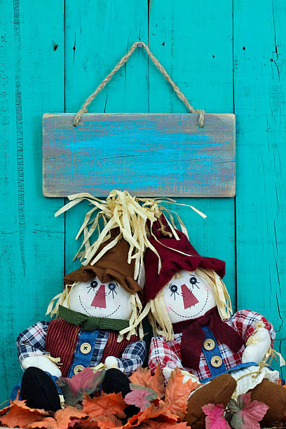 vide panneau bleu par l'épouvantail - child autumn scarecrow decoration photos et images de collection