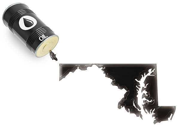 Glossy oil spill in the shape of Maryland (series) Barrel of oil and a glossy spill in the shape of Maryland (series) maryland us state photos stock pictures, royalty-free photos & images