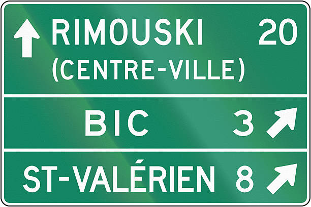 Direction Sign in Canada Guide sign in Quebec, Canada - Direction sign with distances. Centre-ville means city center. aquabic stock pictures, royalty-free photos & images