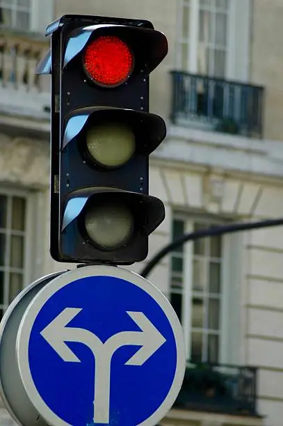 red traffic light with directional arrows, taken vertically in Paris, France