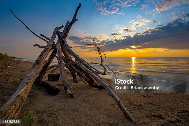 Leanto On A Lake Huron Beach As The Sun Sets Stock Photo - Download Image Now - 2015, Beach, Blue