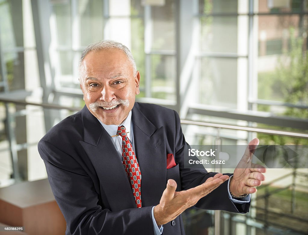 Enthusiastic Senior Indian Business Man Gesturing with Hands 60-69 Years Stock Photo