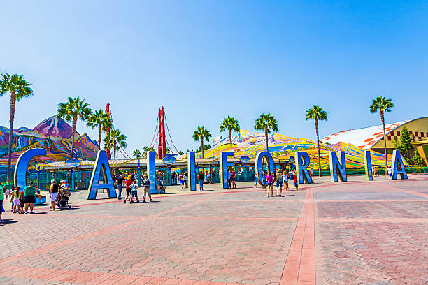 Anaheim, USA - July 29, 2008: people visit disneyland and walk over commemorative bricks with names in terracotta in Anaheim, USA. The bricks with individual names were sold for 150 USD a piece.