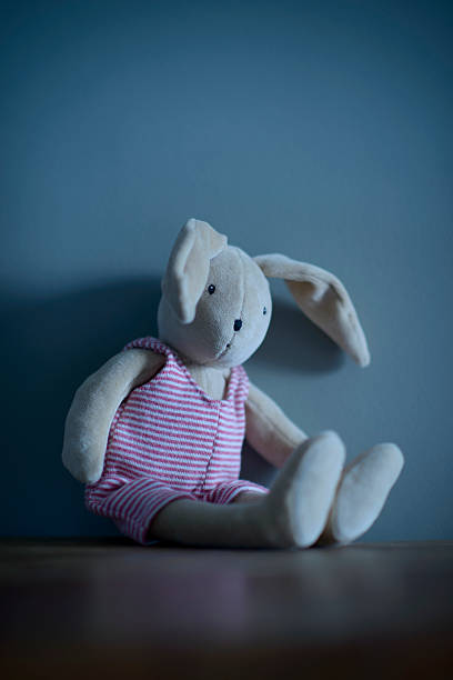 istock Cute Stuffed Bunny Rabbit Toy Sitting on Shelf at Night 483190974