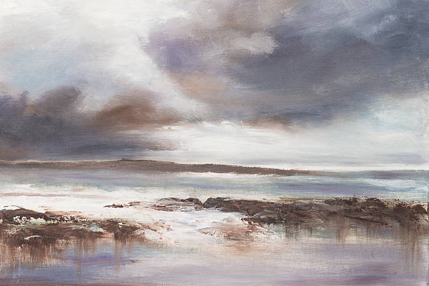 stormy beach морской пейзаж. - oil painting paintings landscape painted image stock illustrations
