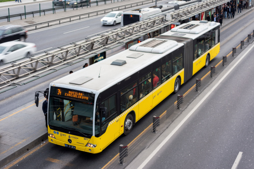 Istanbul, Turkey - March 24, 2014: Yenibosna district in istanbul..Metrobus, a part of public transportation system, eases the traffic in Istanbul .