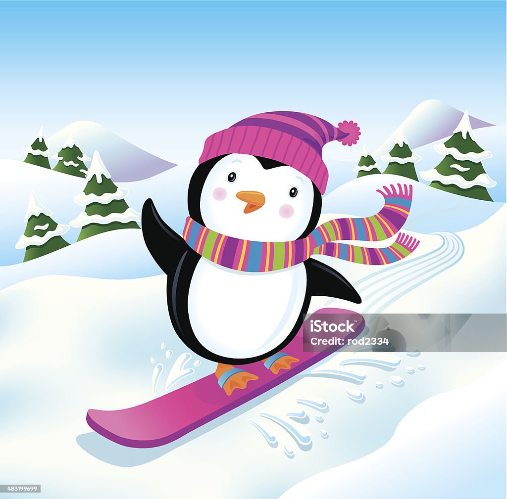 Snowboard Pinguino che indossa una sciarpa a righe - arte vettoriale royalty-free di Cappello di lana