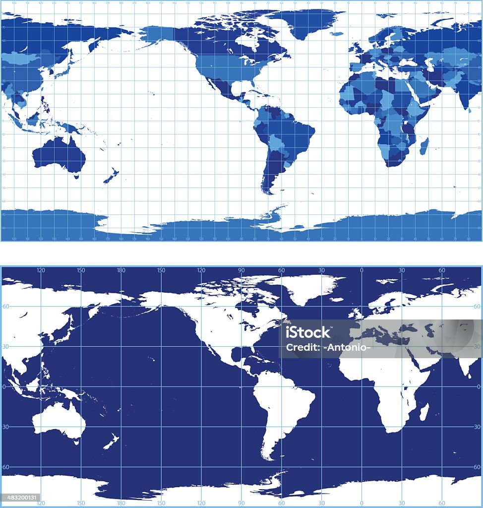 Mappa del mondo con reticoli (piatto carrée proiezione) - arte vettoriale royalty-free di Accuratezza