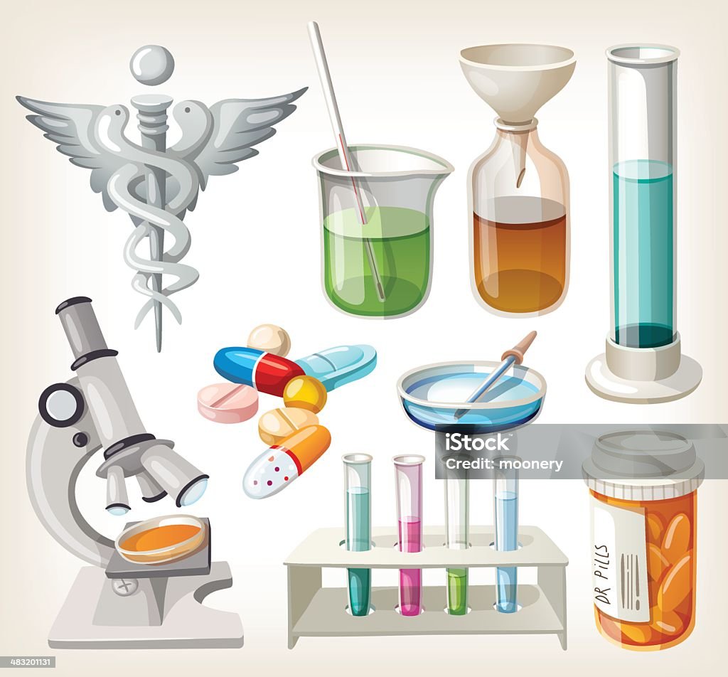 Conjunto de fontes usadas em farmacologia, para a preparação do medicamento. - Royalty-free Alquimia arte vetorial
