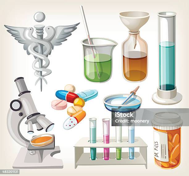 Conjunto De Fontes Usadas Em Farmacologia Para A Preparação Do Medicamento - Arte vetorial de stock e mais imagens de Alquimia