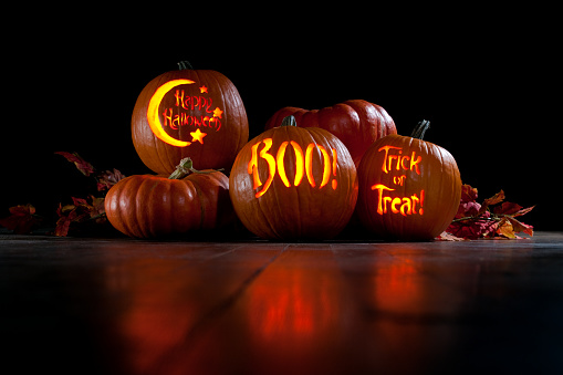 A trio of spooky messages carved into pumpkins.