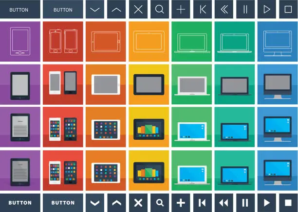 Vector illustration of digital devices flat design icons and buttons