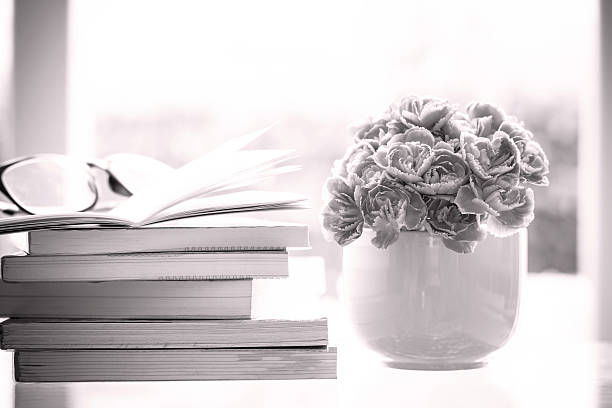 istock fresh pink carnation flower with books background 483204306