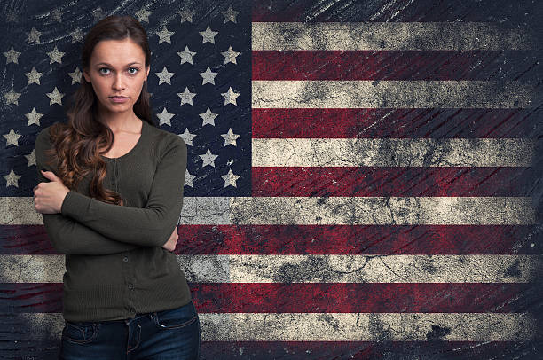 istock Cute girl over over USA flag background 483204951