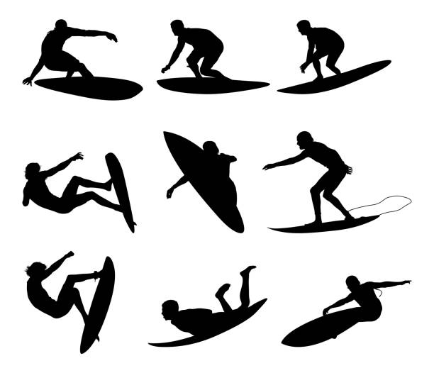 bildbanksillustrationer, clip art samt tecknat material och ikoner med awesome male surfers surfing - surfing